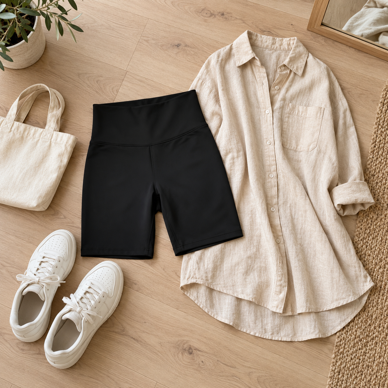 Czarne krótkie legginsy modelujące push up zestawione z dłuższą beżową koszulą